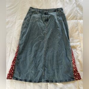 Vintage Denim Midi Skirt with Red Floral Accents size 16 petite